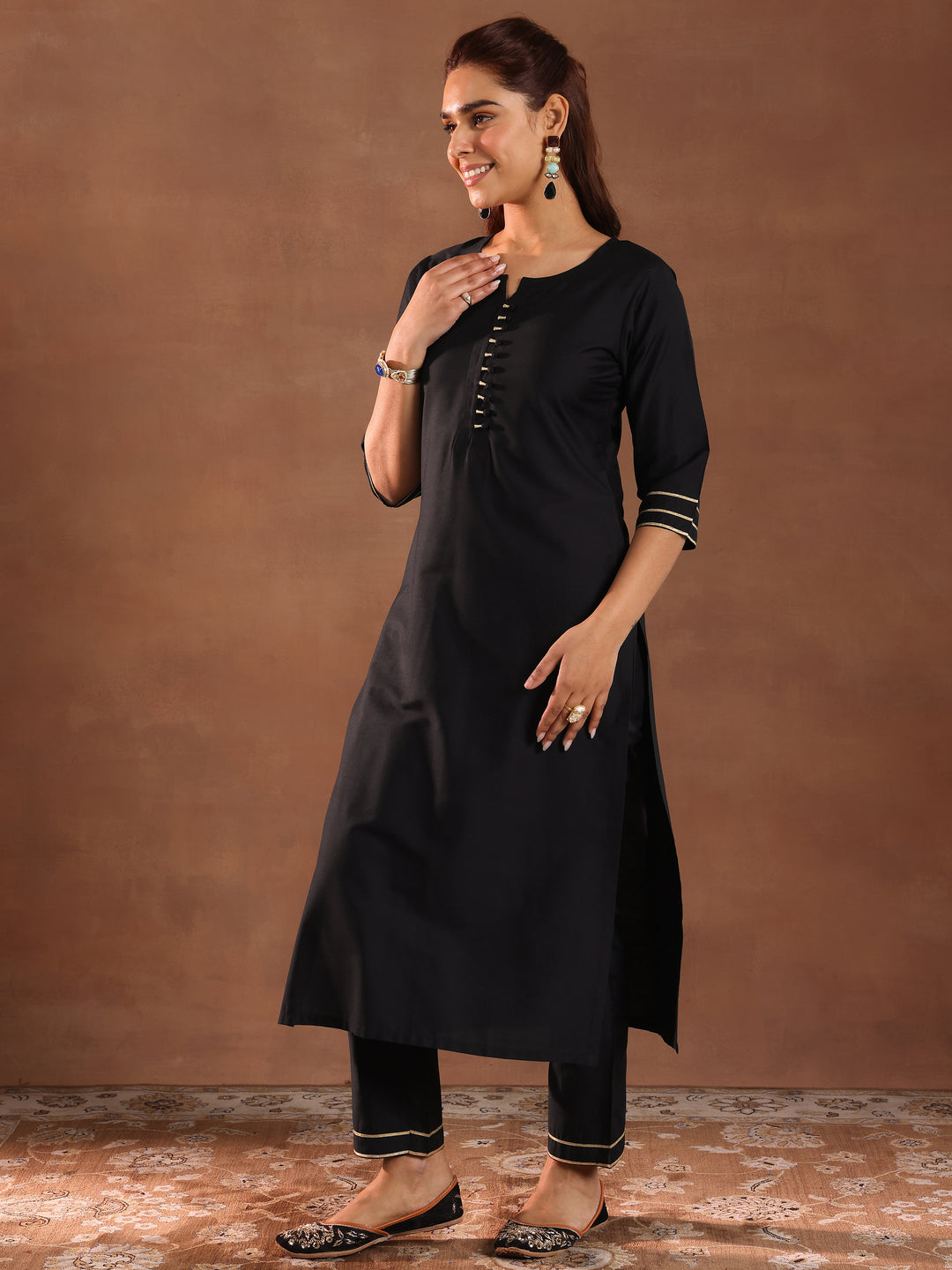 Black Solid Silk Blend Straight Suit Set With Dupatta