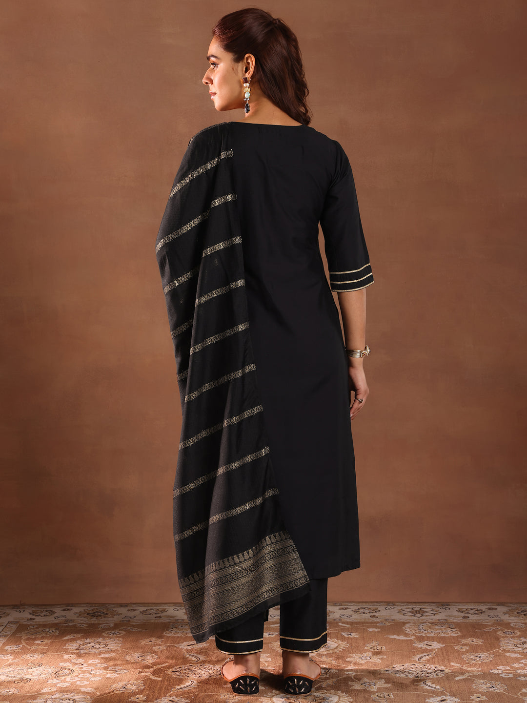 Black Solid Silk Blend Straight Suit Set With Dupatta