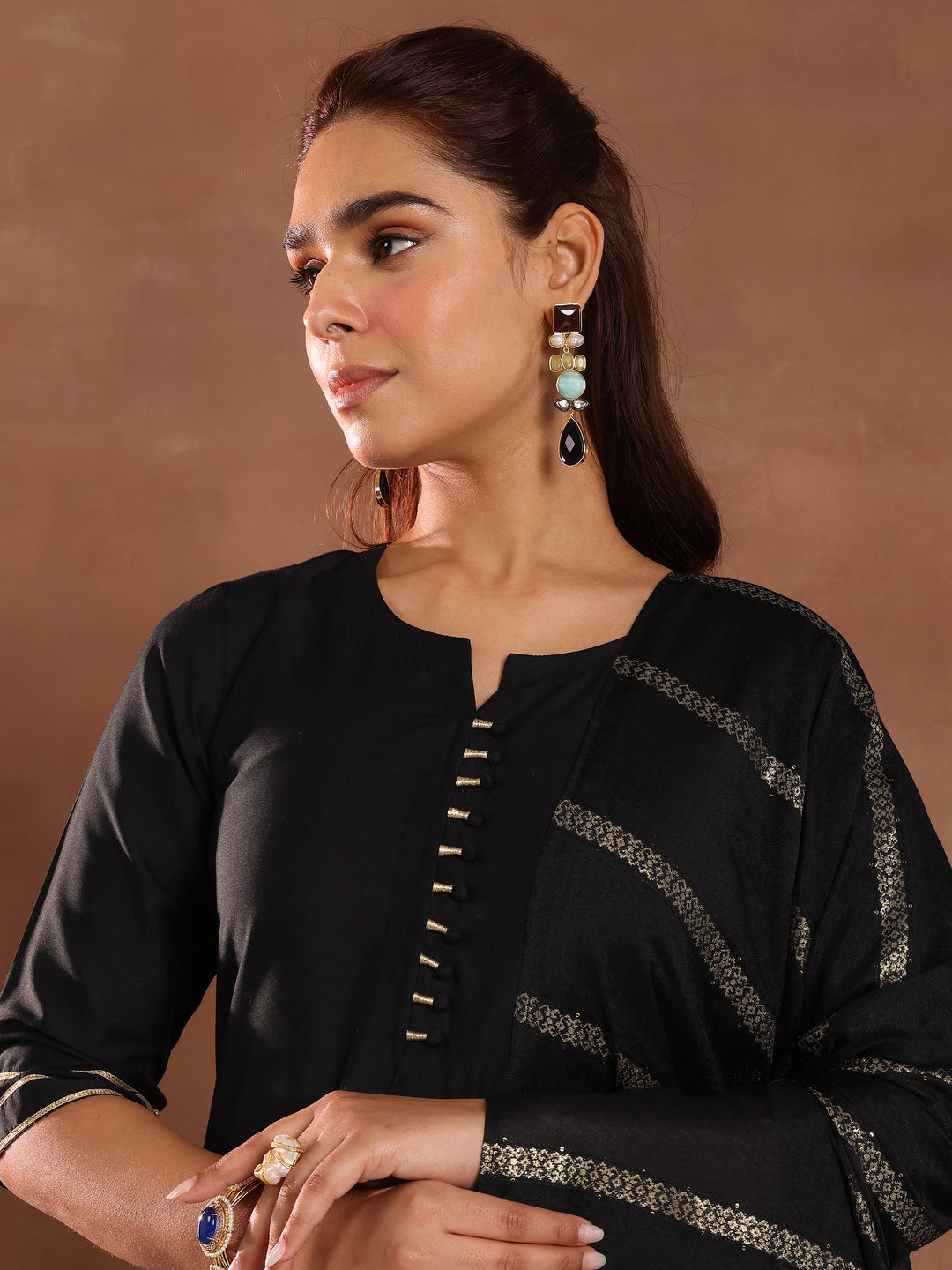 Black Solid Silk Blend Straight Suit Set With Dupatta