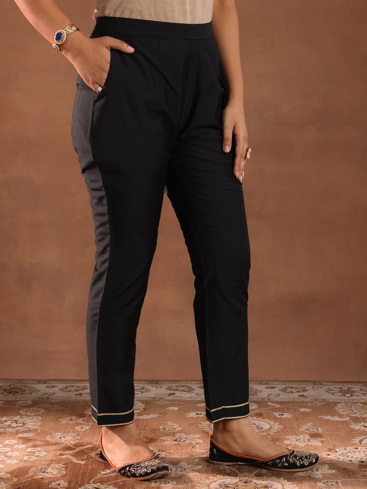 Black Solid Silk Blend Straight Suit Set With Dupatta