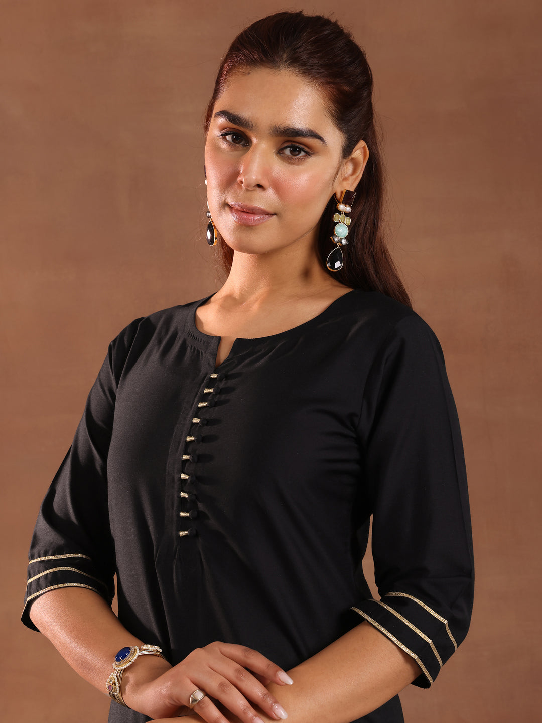 Black Solid Silk Blend Straight Suit Set With Dupatta