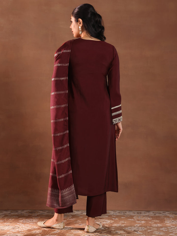 Maroon Embroidered Silk Blend A-Line Suit Set With Dupatta