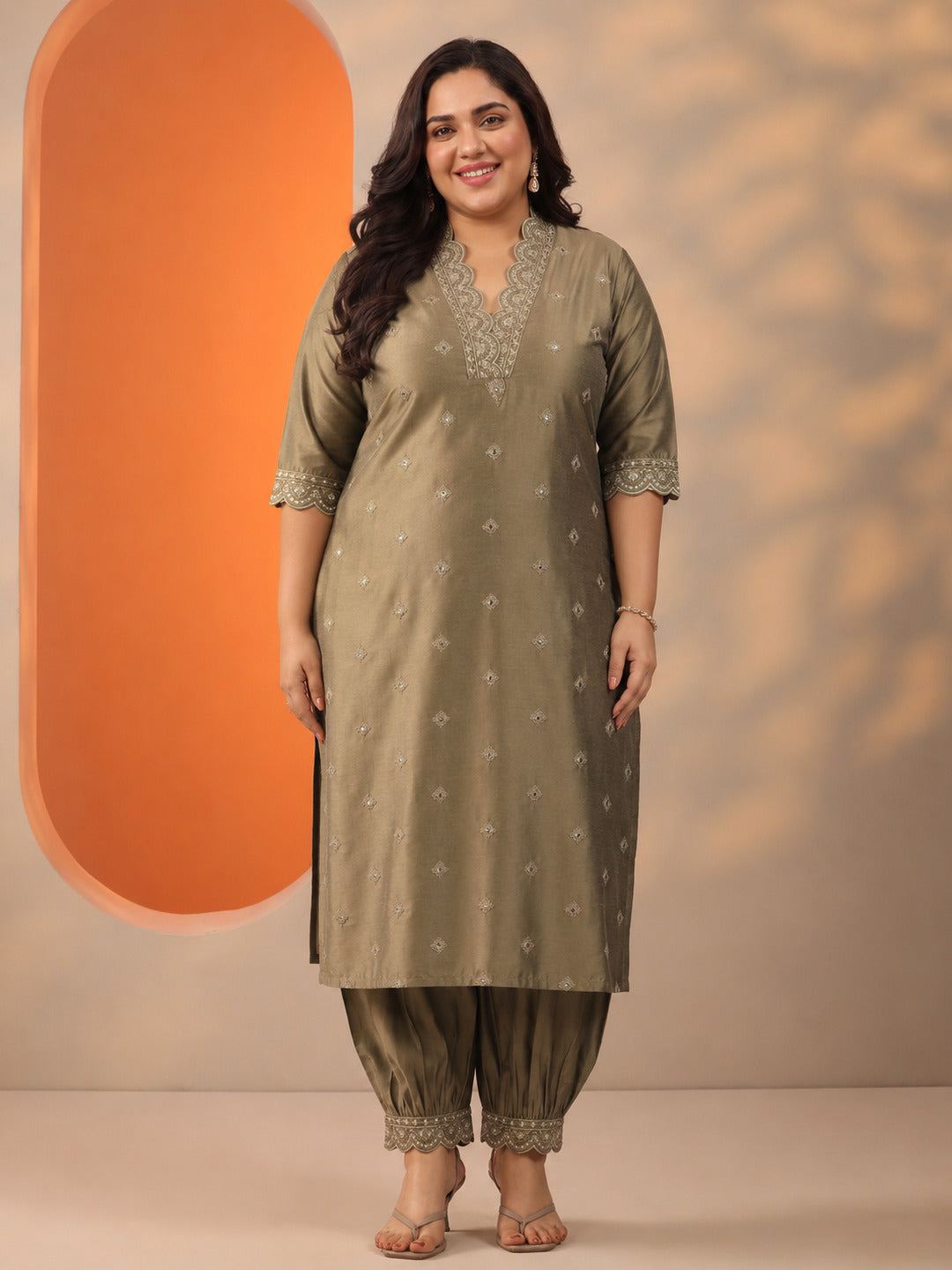 Plus Size Brown Embroidered Silk Blend Straight Kurta Set