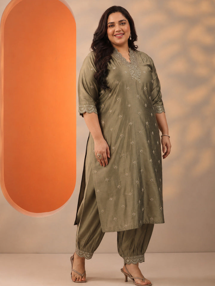 Plus Size Brown Embroidered Silk Blend Straight Kurta Set