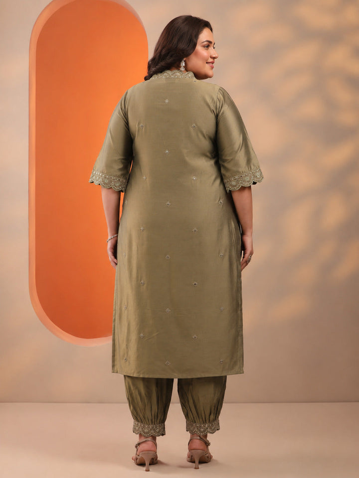 Plus Size Brown Embroidered Silk Blend Straight Kurta Set
