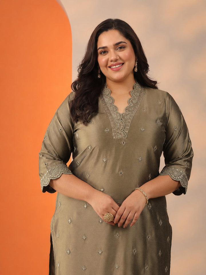Plus Size Brown Embroidered Silk Blend Straight Kurta Set