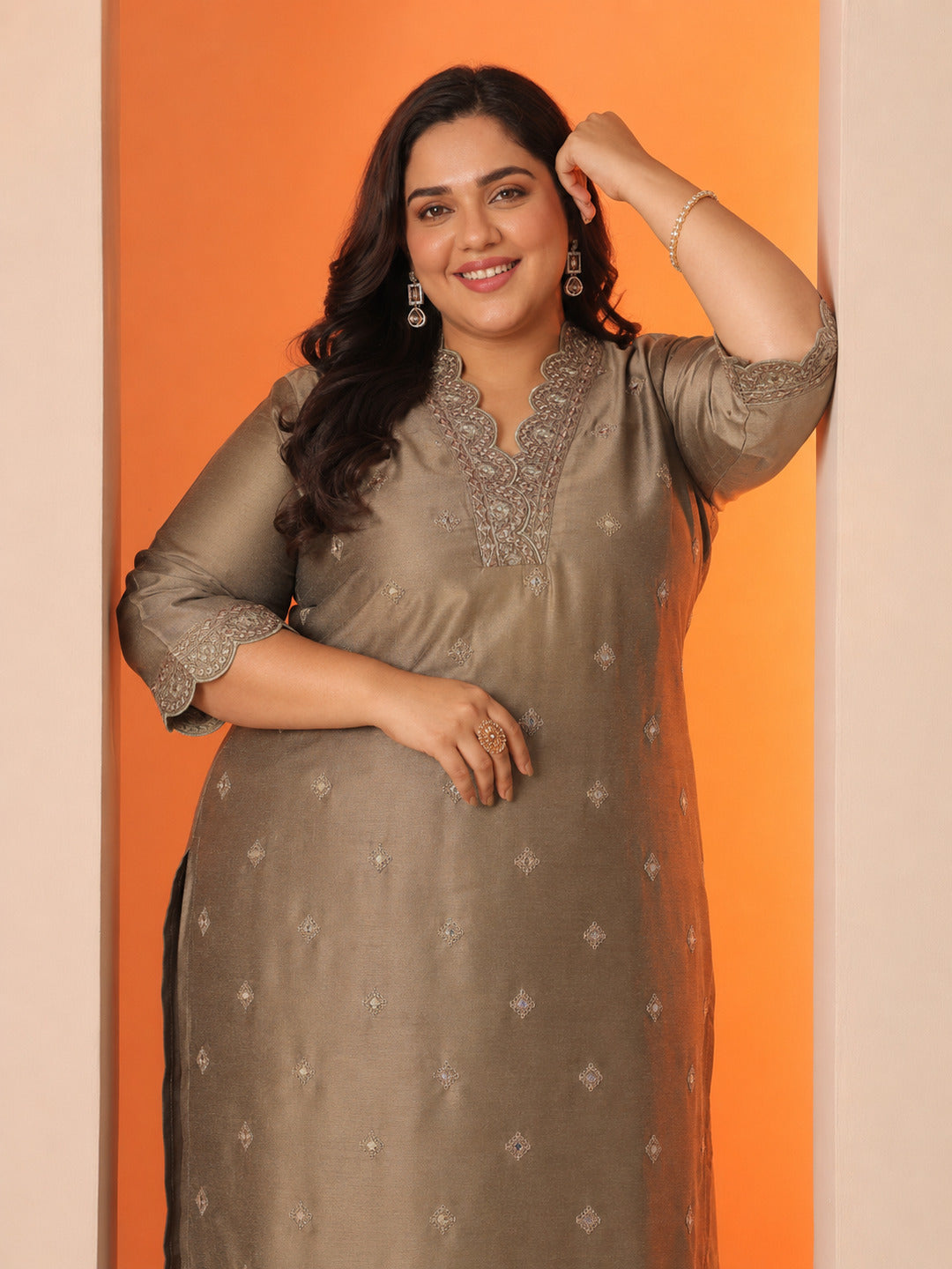 Plus Size Brown Embroidered Silk Blend Straight Kurta Set