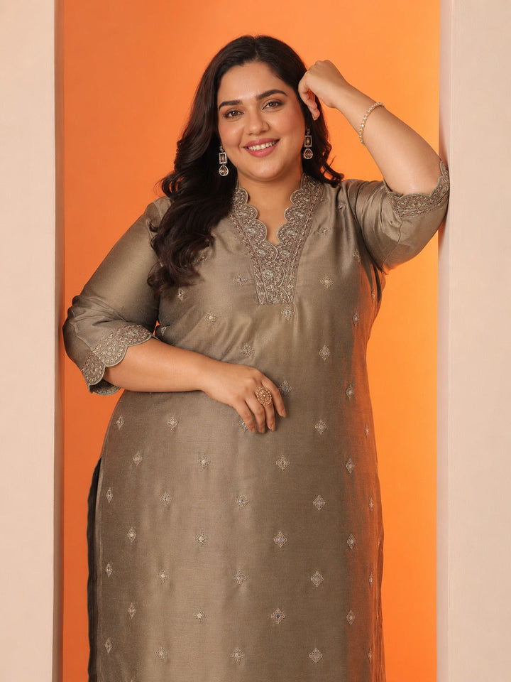 Plus Size Brown Embroidered Silk Blend Straight Kurta Set