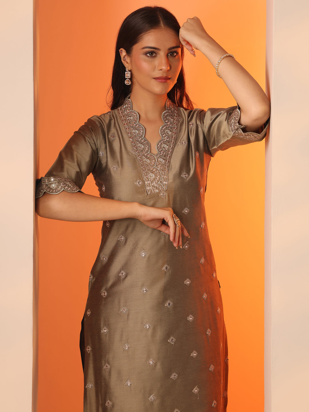 Brown Embroidered Silk Blend Straight Kurta Set