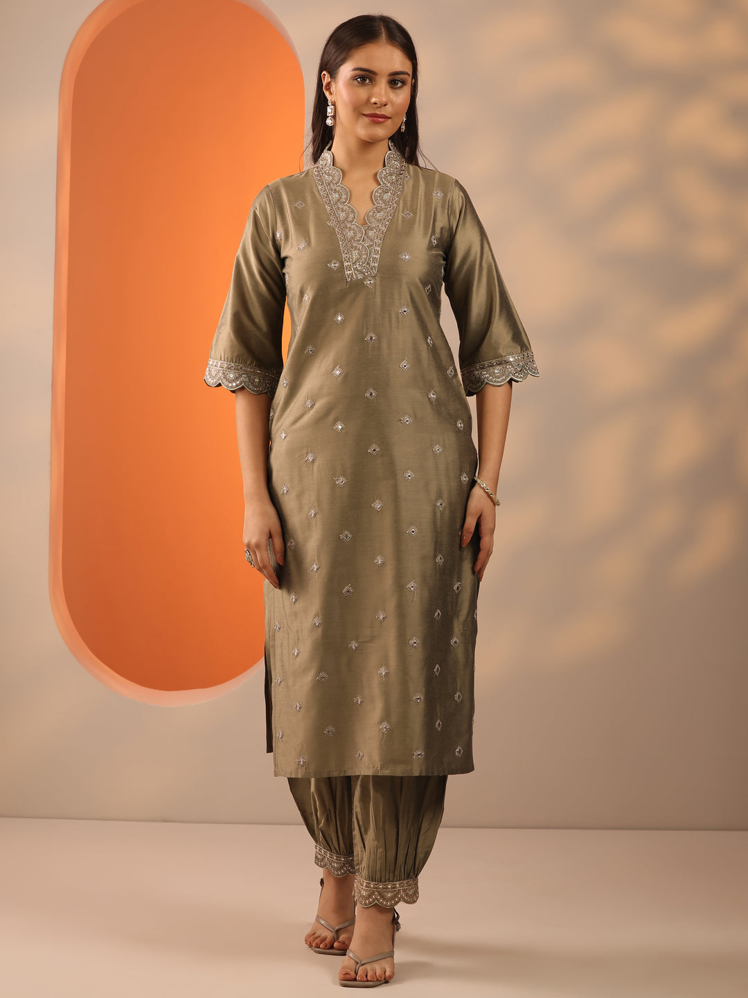 Brown Embroidered Silk Blend Straight Kurta Set