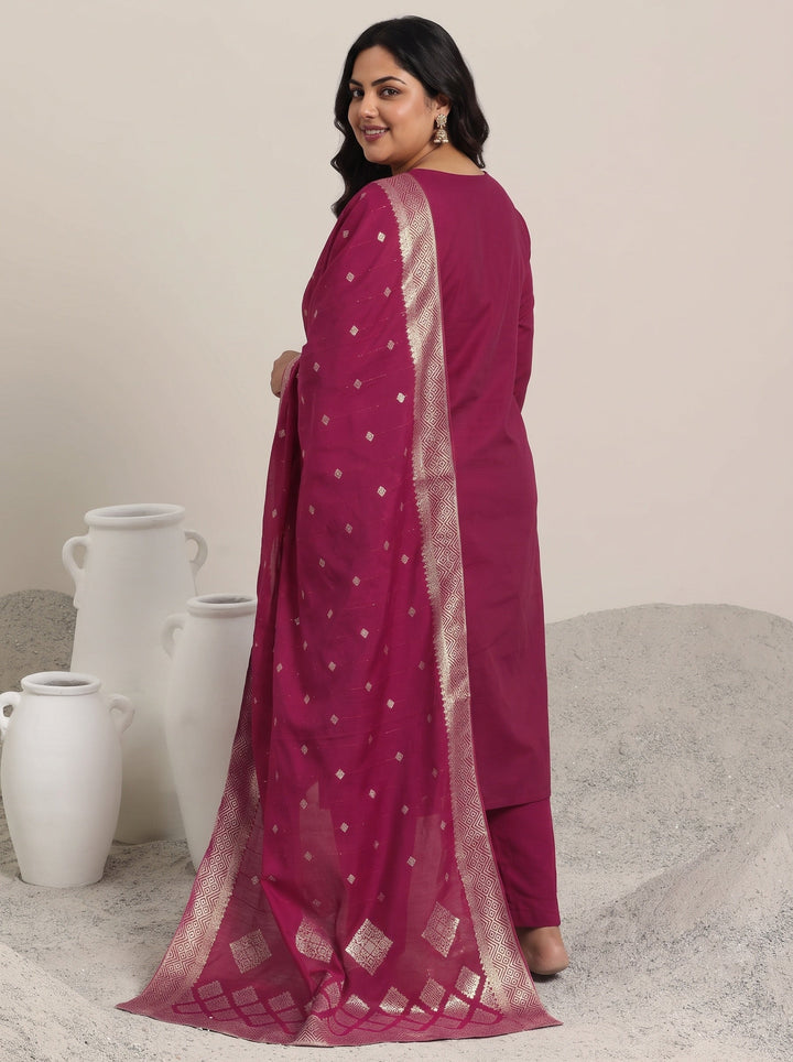 Plus Size Pink Solid Silk Blend Straight Suit With Dupatta