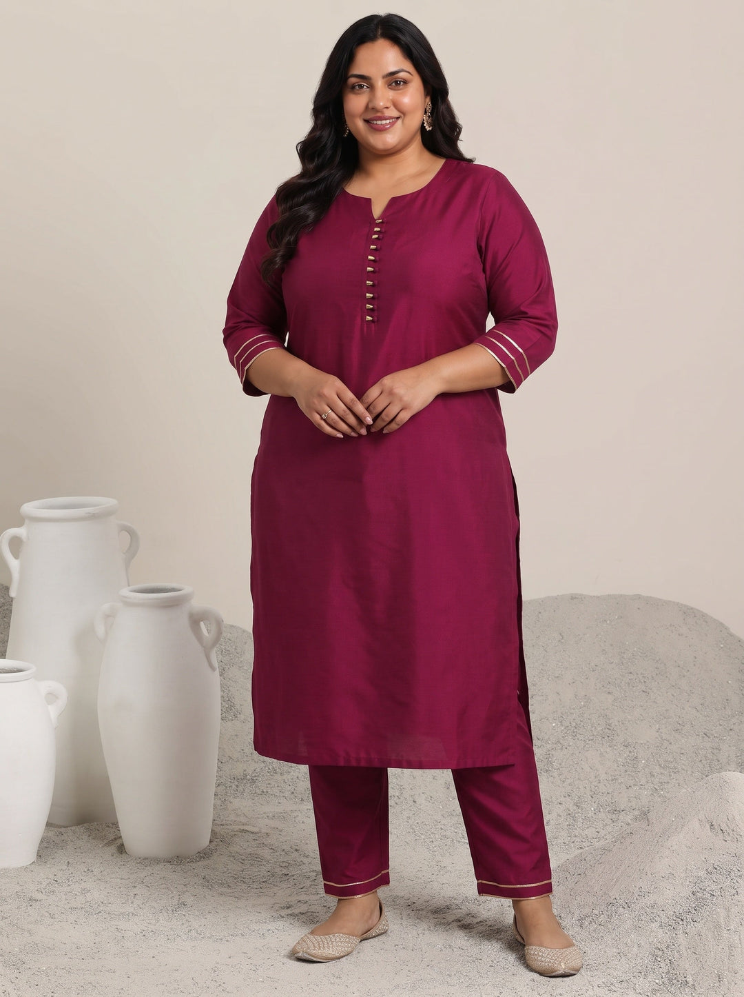 Plus Size Pink Solid Silk Blend Straight Suit With Dupatta
