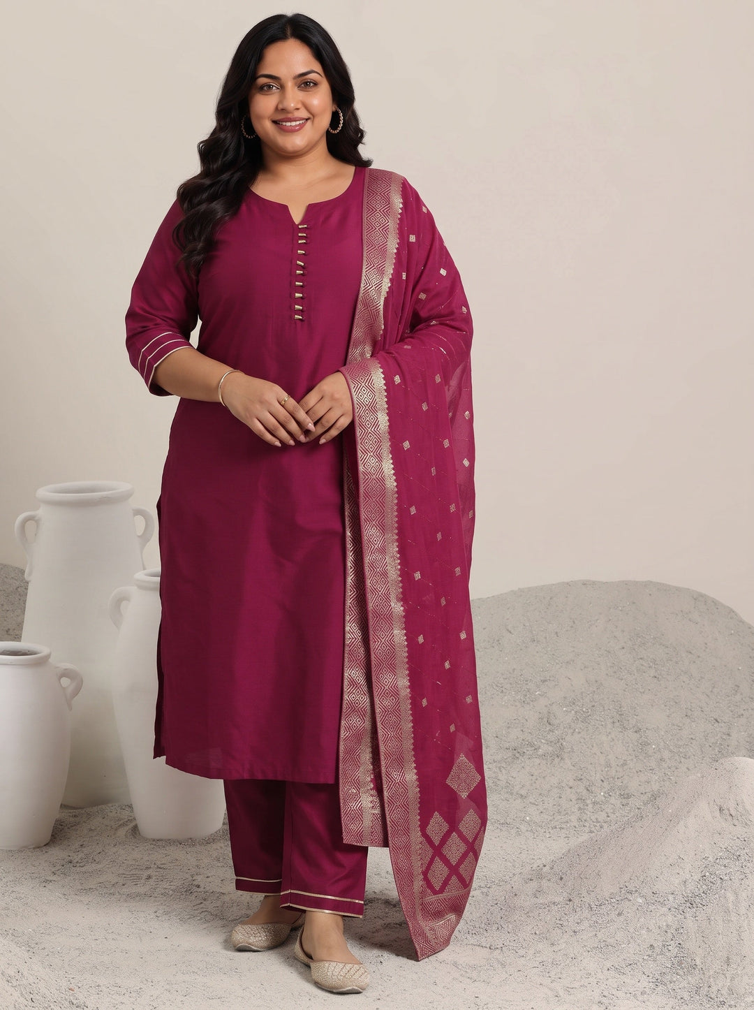 Plus Size Pink Solid Silk Blend Straight Suit With Dupatta