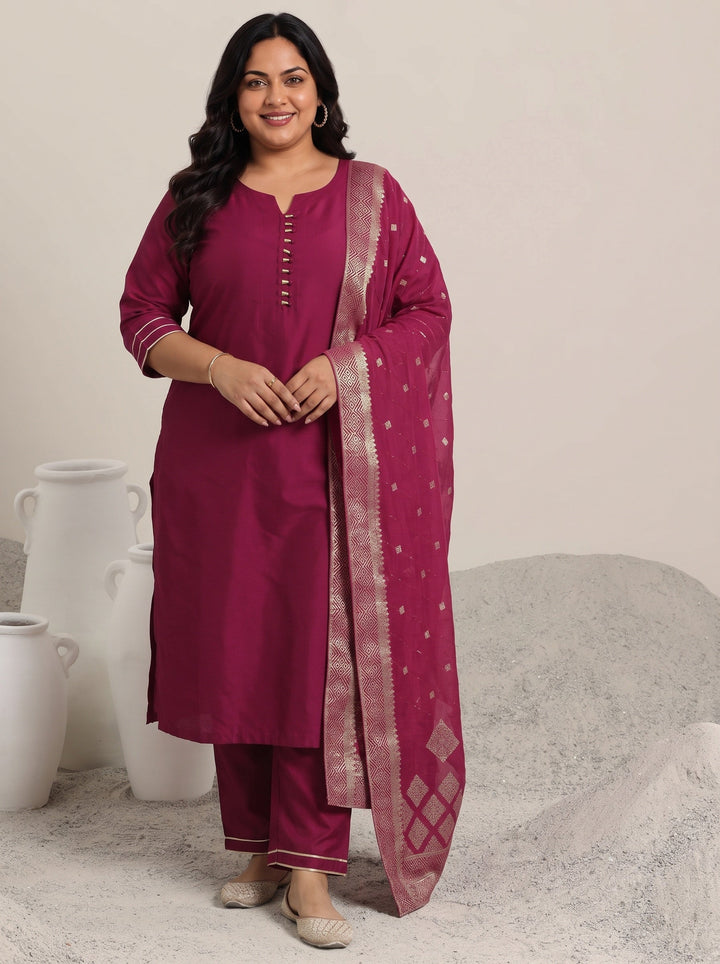 Plus Size Pink Solid Silk Blend Straight Suit With Dupatta