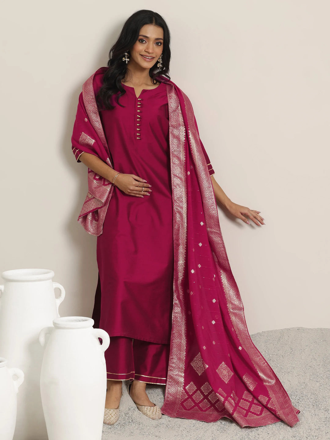 Gerua Pink Solid Silk Blend Straight Suit With Dupatta