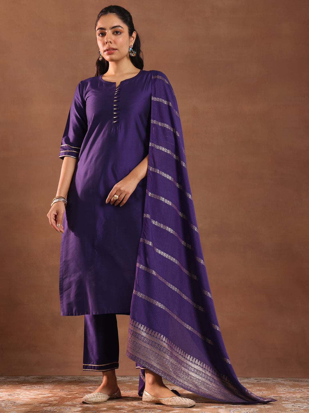 Purple Solid Silk Blend Straight Suit Set With Dupatta