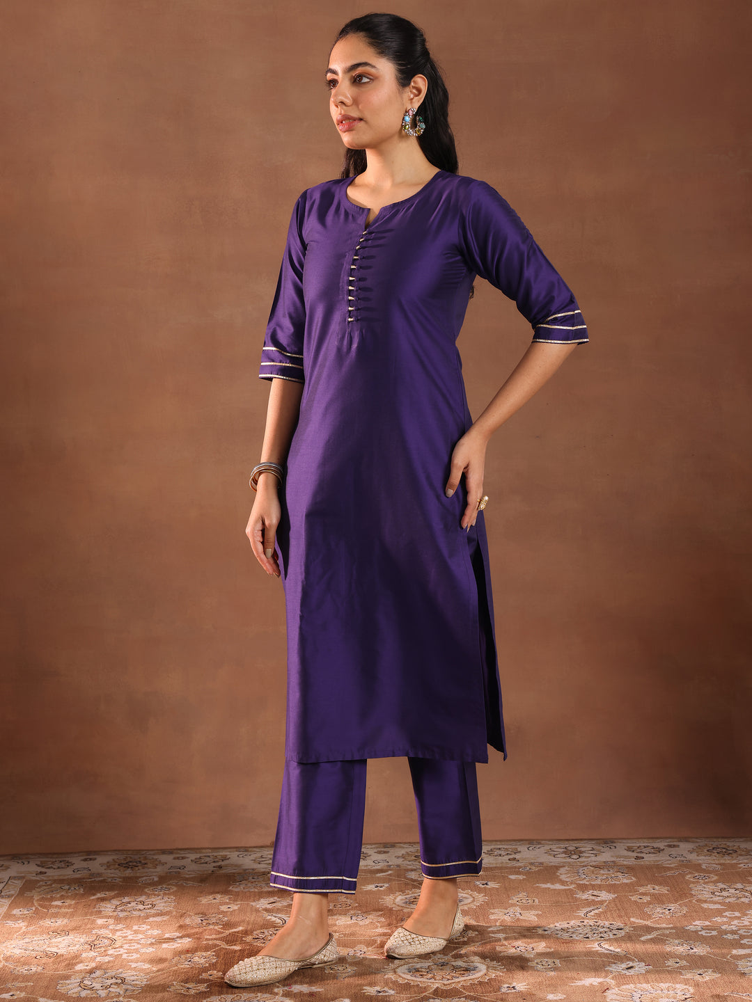 Purple Solid Silk Blend Straight Suit Set With Dupatta