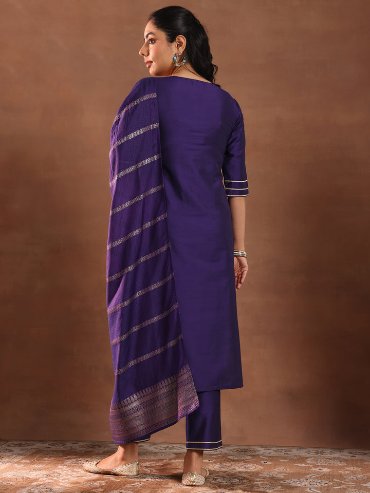Purple Solid Silk Blend Straight Suit Set With Dupatta
