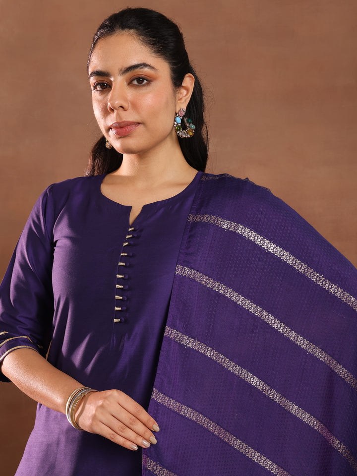 Purple Solid Silk Blend Straight Suit Set With Dupatta