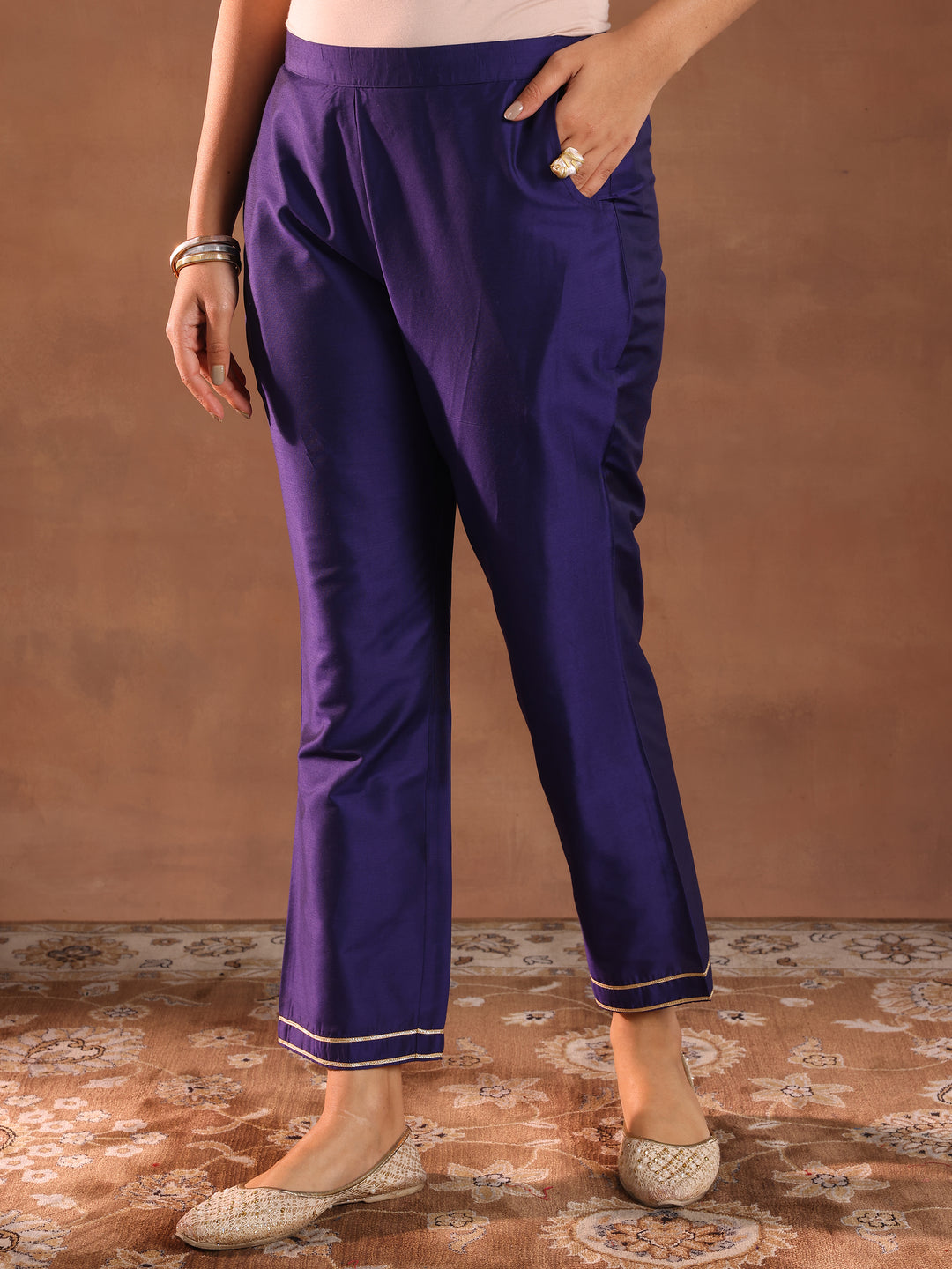 Purple Solid Silk Blend Straight Suit Set With Dupatta