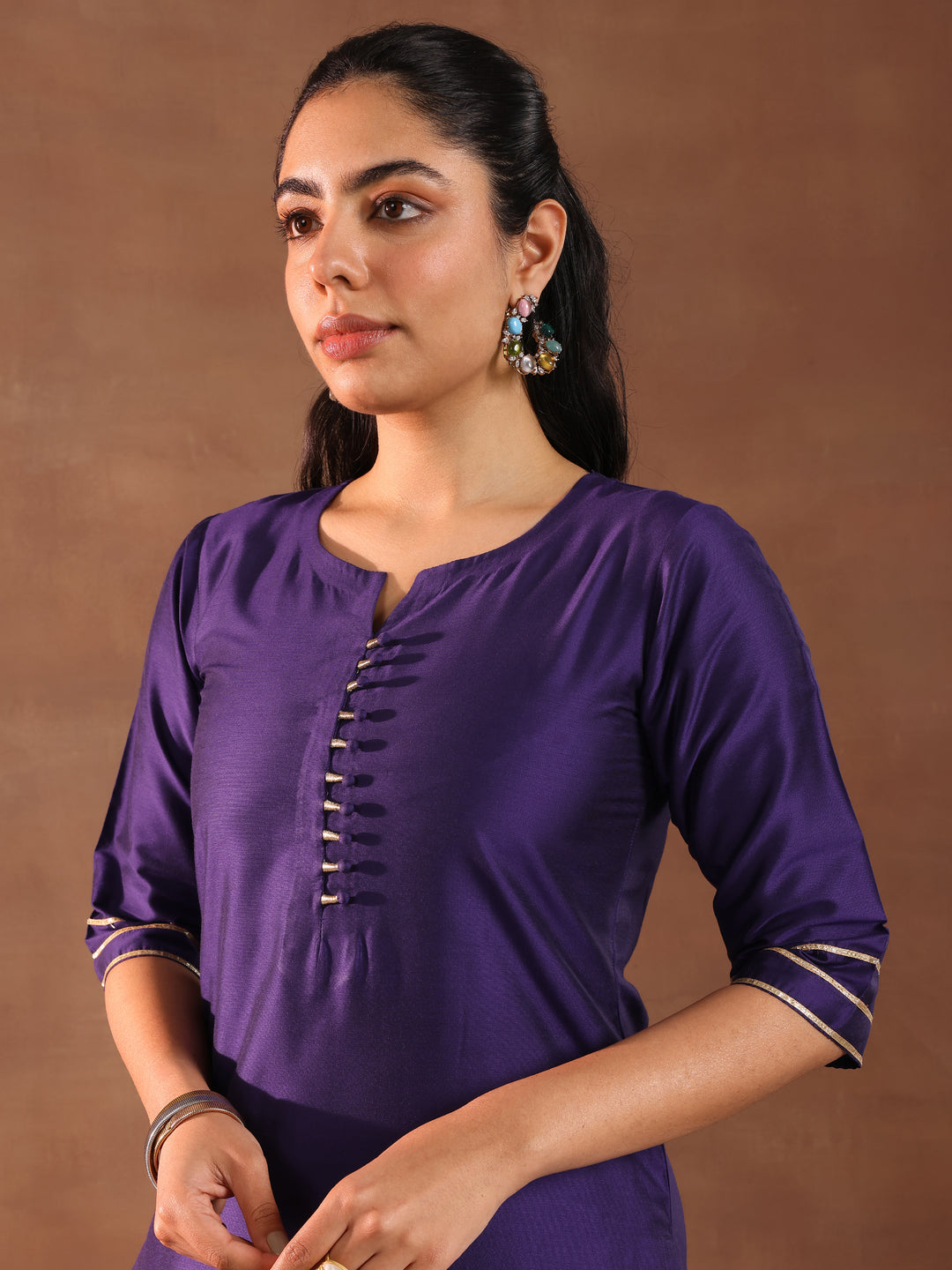 Purple Solid Silk Blend Straight Suit Set With Dupatta