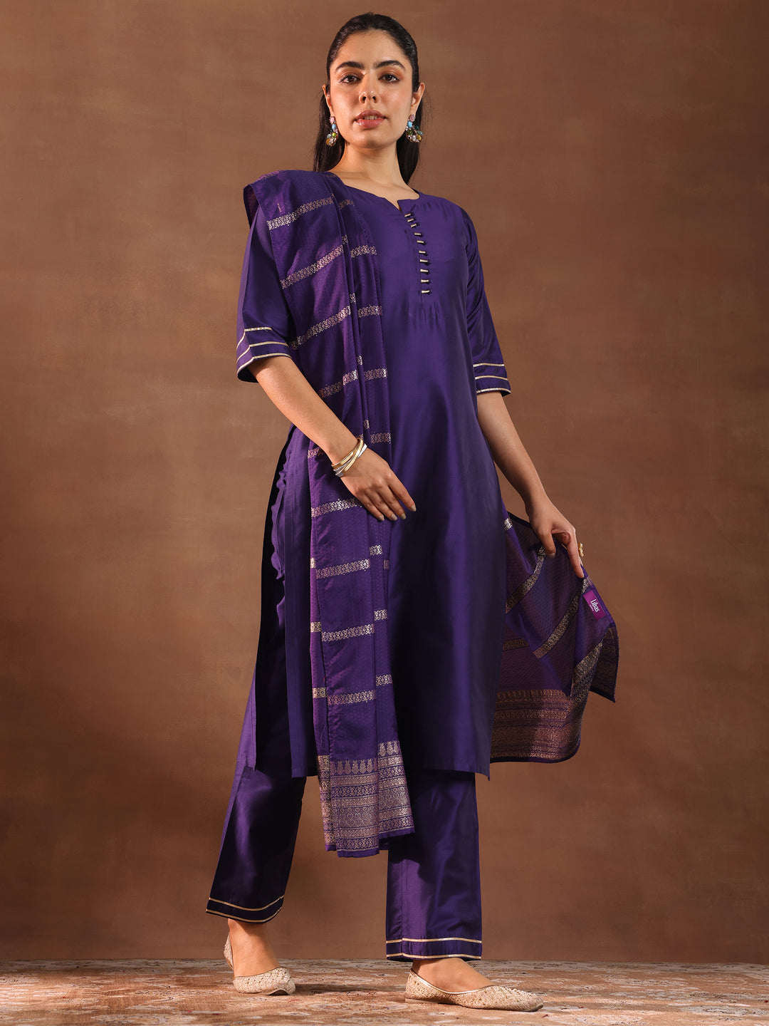 Purple Solid Silk Blend Straight Suit Set With Dupatta