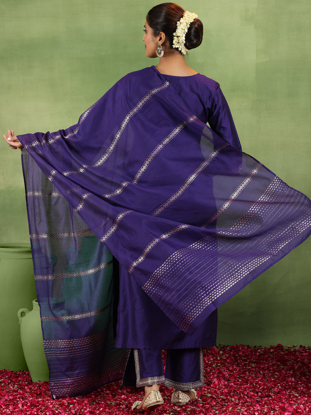 Purple Yoke Design Silk Blend Straight Suit With Dupatta