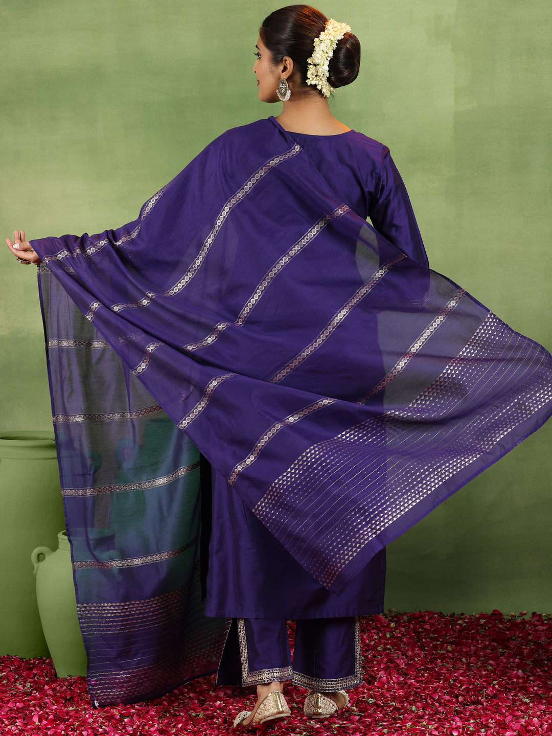 Purple Yoke Design Silk Blend Straight Suit With Dupatta