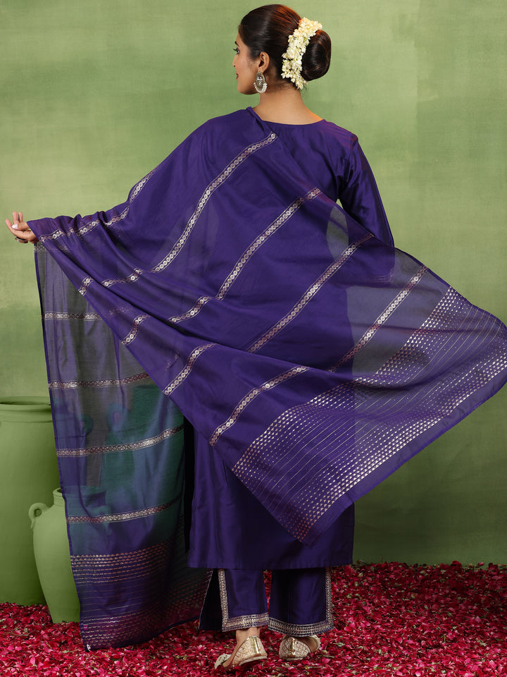 Purple Yoke Design Silk Blend Straight Suit With Dupatta