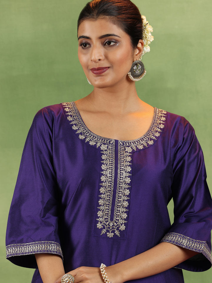 Purple Yoke Design Silk Blend Straight Suit With Dupatta