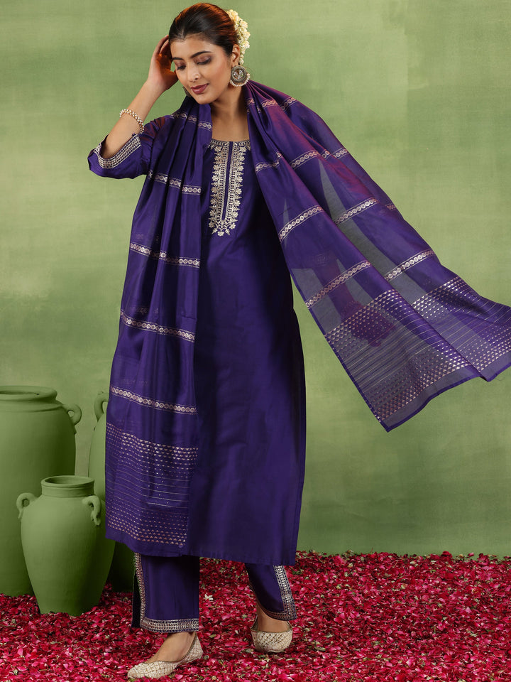 Purple Yoke Design Silk Blend Straight Suit With Dupatta