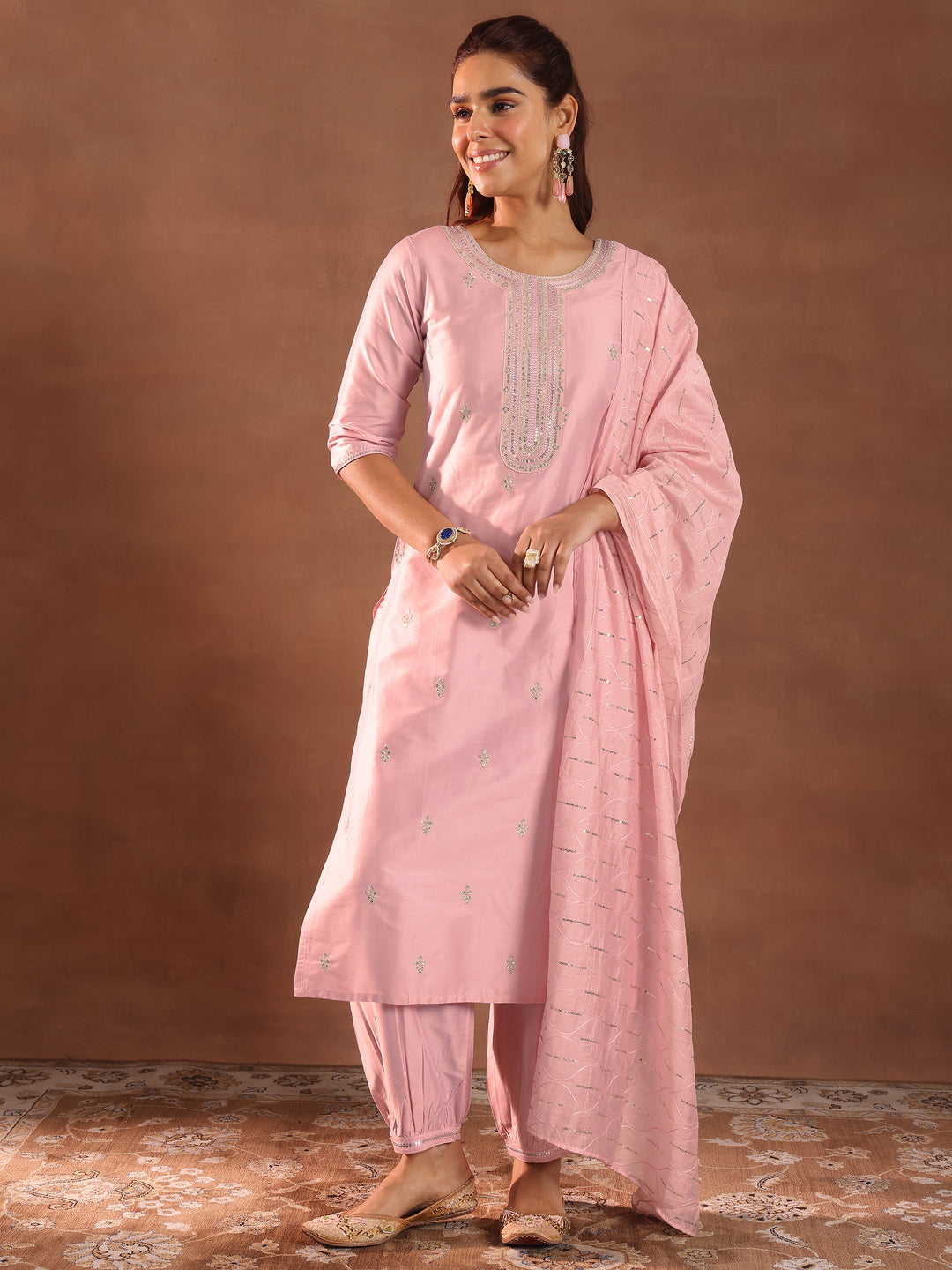Pink Embroidered Silk Blend Straight Suit Set With Dupatta