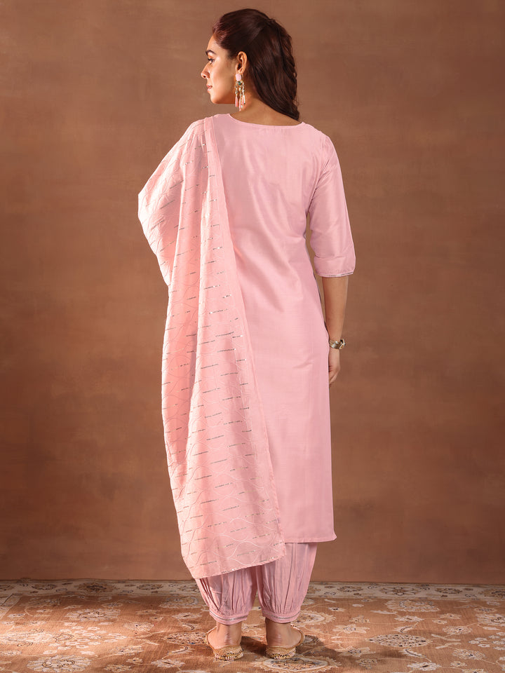 Pink Embroidered Silk Blend Straight Suit Set With Dupatta