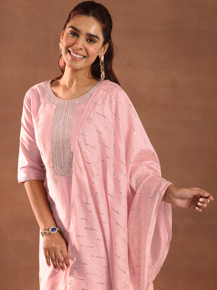 Pink Embroidered Silk Blend Straight Suit Set With Dupatta
