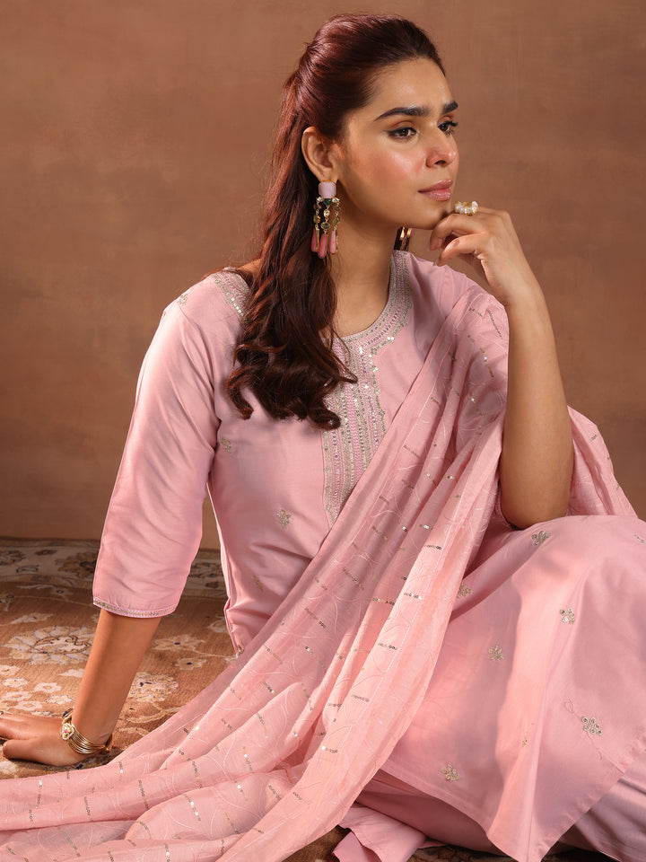 Pink Embroidered Silk Blend Straight Suit Set With Dupatta