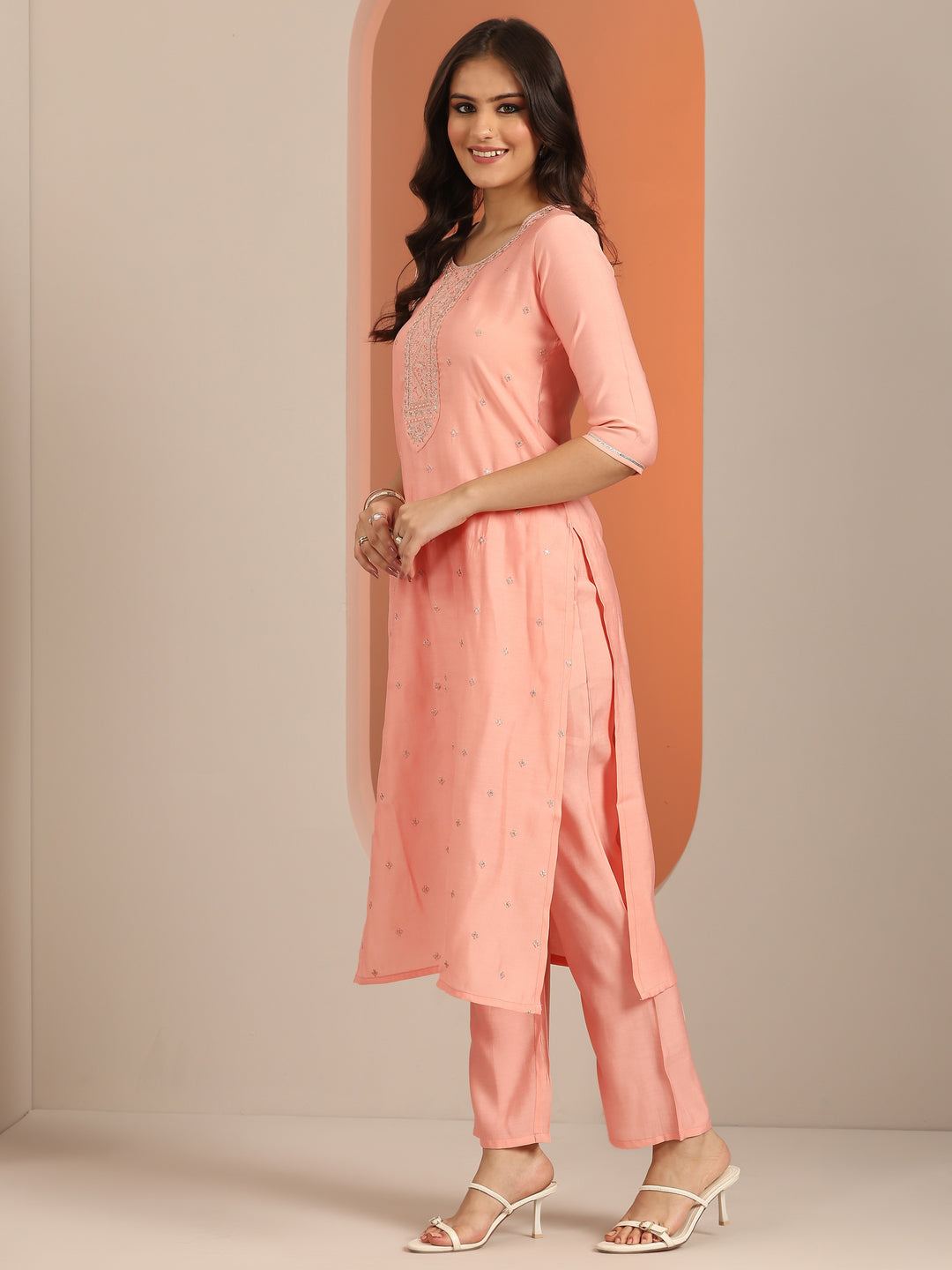 Peach Yoke Design Silk Blend Straight Suit With Dupatta