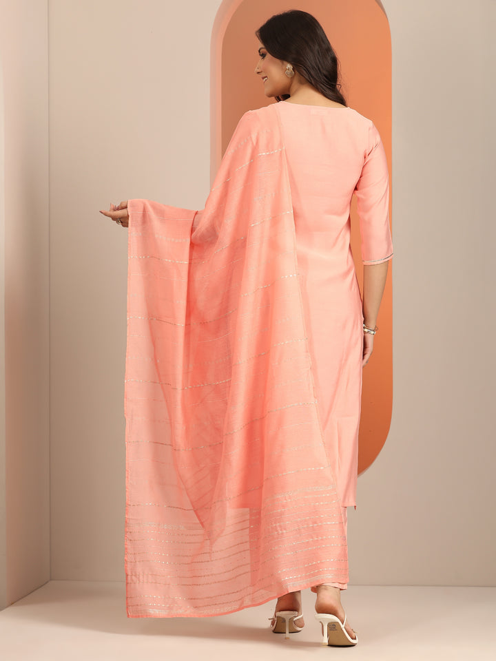 Peach Yoke Design Silk Blend Straight Suit With Dupatta