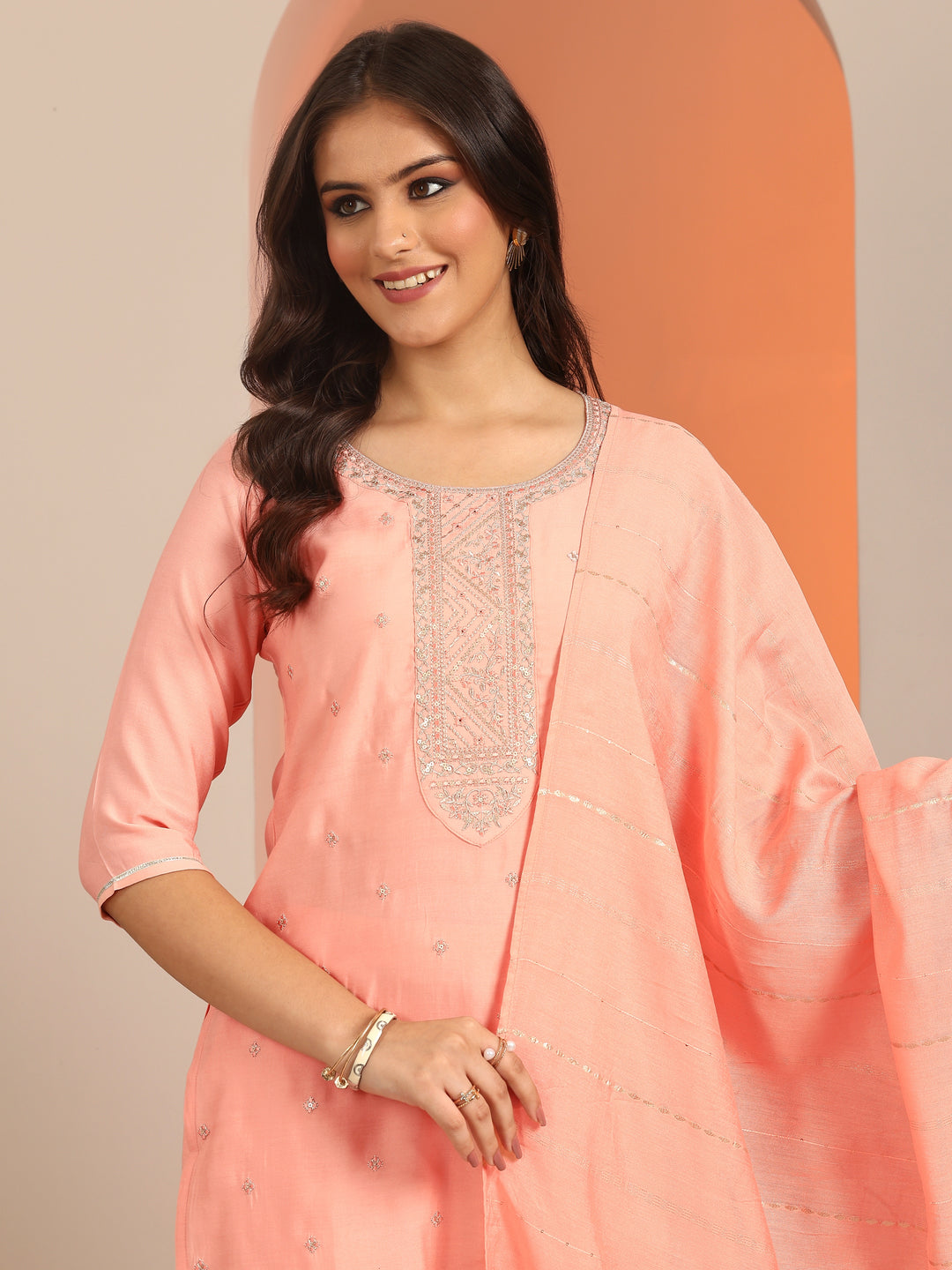 Peach Yoke Design Silk Blend Straight Suit With Dupatta