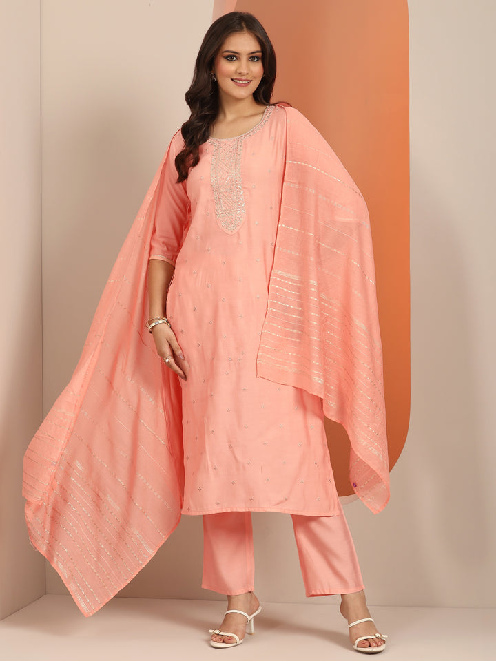 Peach Yoke Design Silk Blend Straight Suit With Dupatta