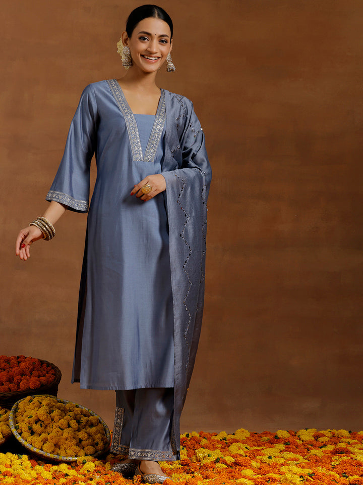 Grey Yoke Design Silk Blend Straight Suit With Dupatta