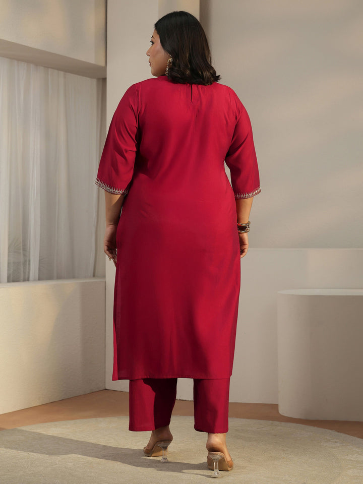Plus Size Red Embroidered Silk Blend Straight Kurta Set