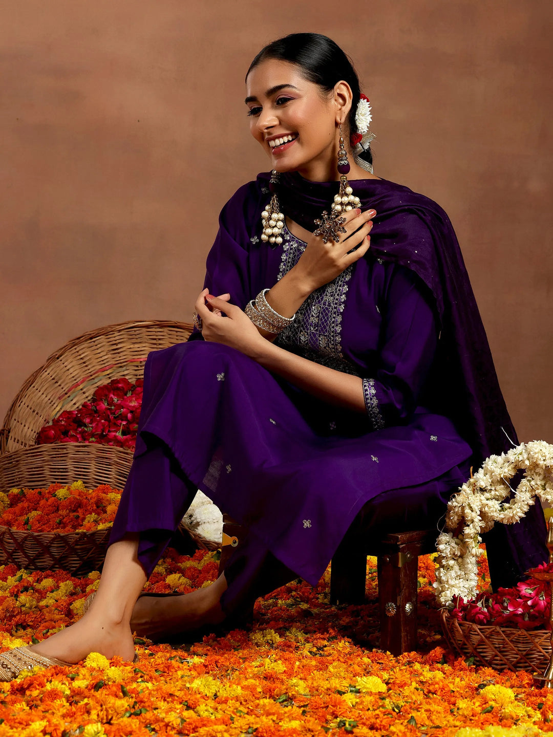 Gerua Purple Embroidered Silk Blend Straight Suit With Dupatta