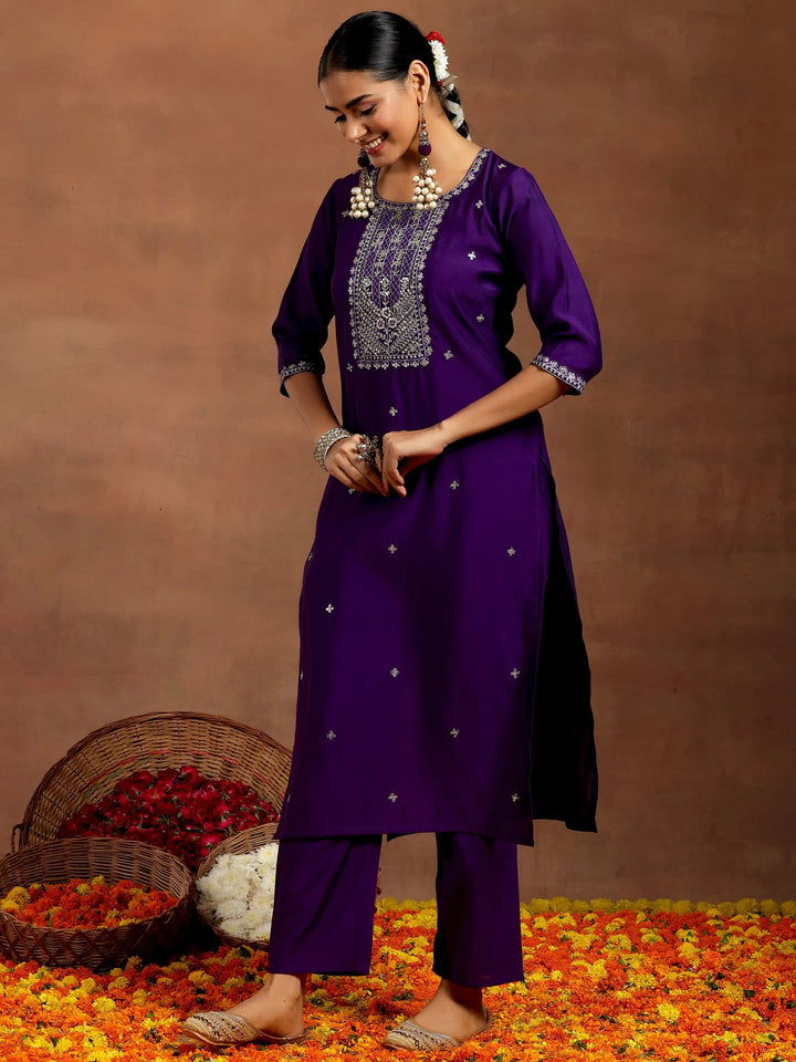 Gerua Purple Embroidered Silk Blend Straight Suit With Dupatta