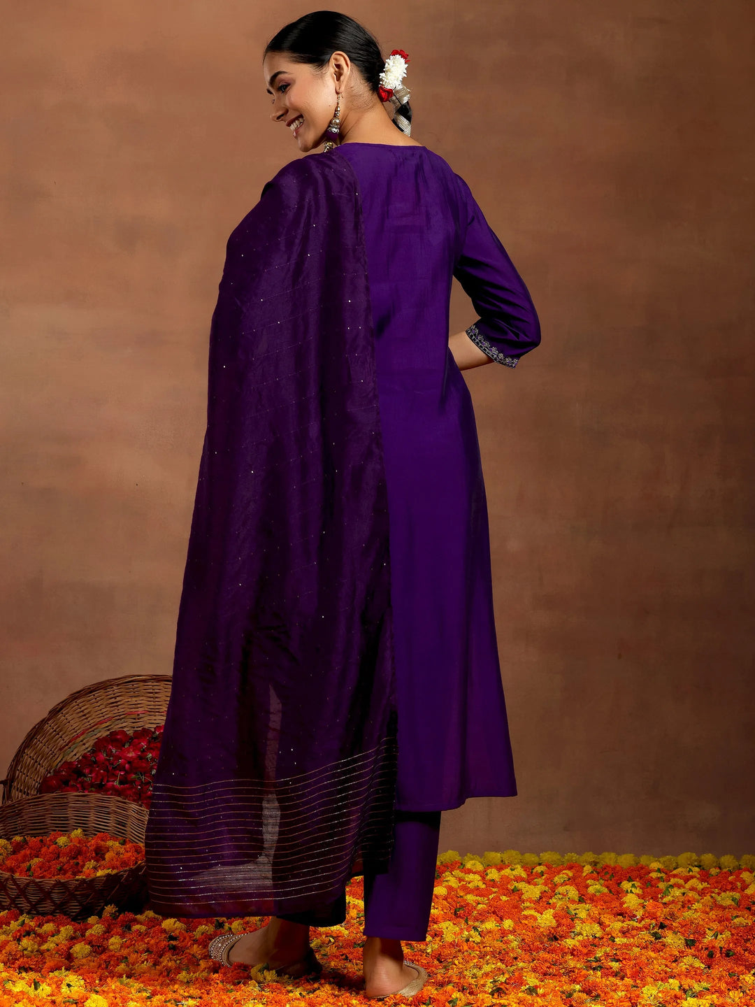 Gerua Purple Embroidered Silk Blend Straight Suit With Dupatta