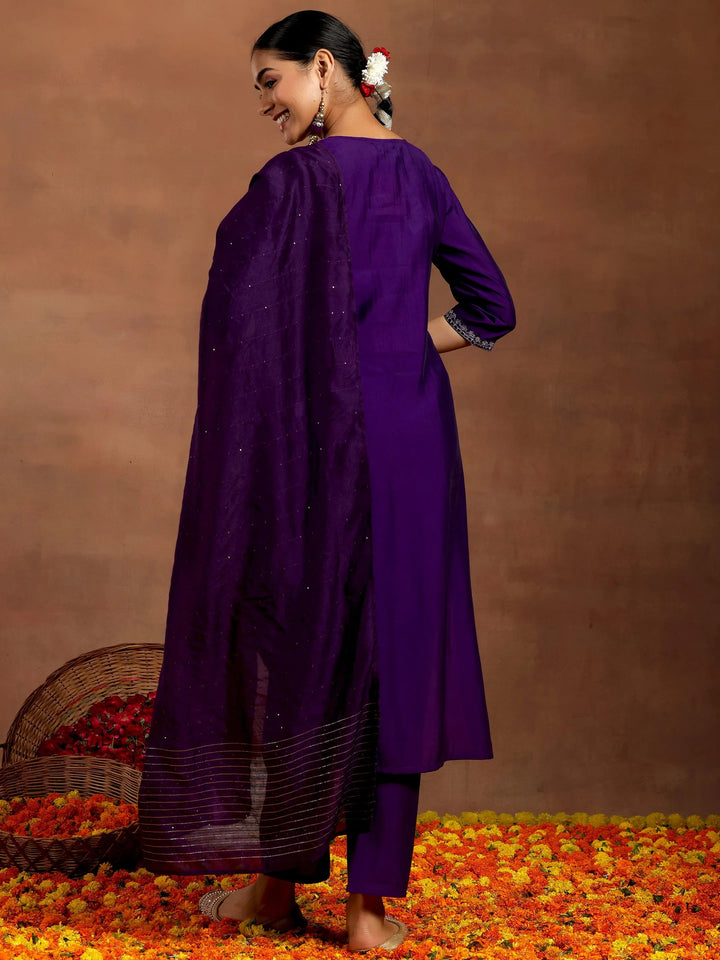 Gerua Purple Embroidered Silk Blend Straight Suit With Dupatta