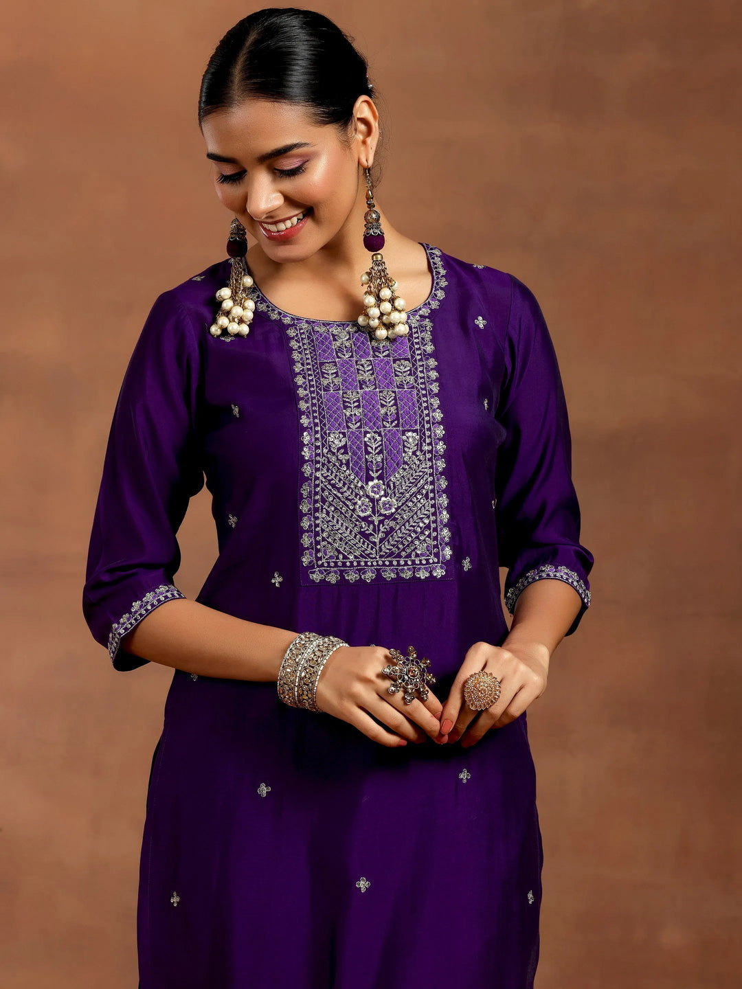 Gerua Purple Embroidered Silk Blend Straight Suit With Dupatta