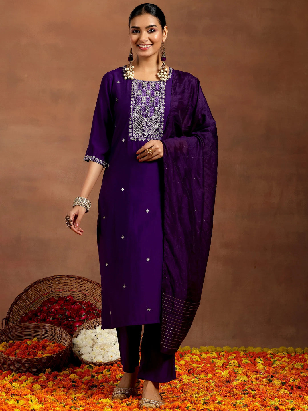 Gerua Purple Embroidered Silk Blend Straight Suit With Dupatta