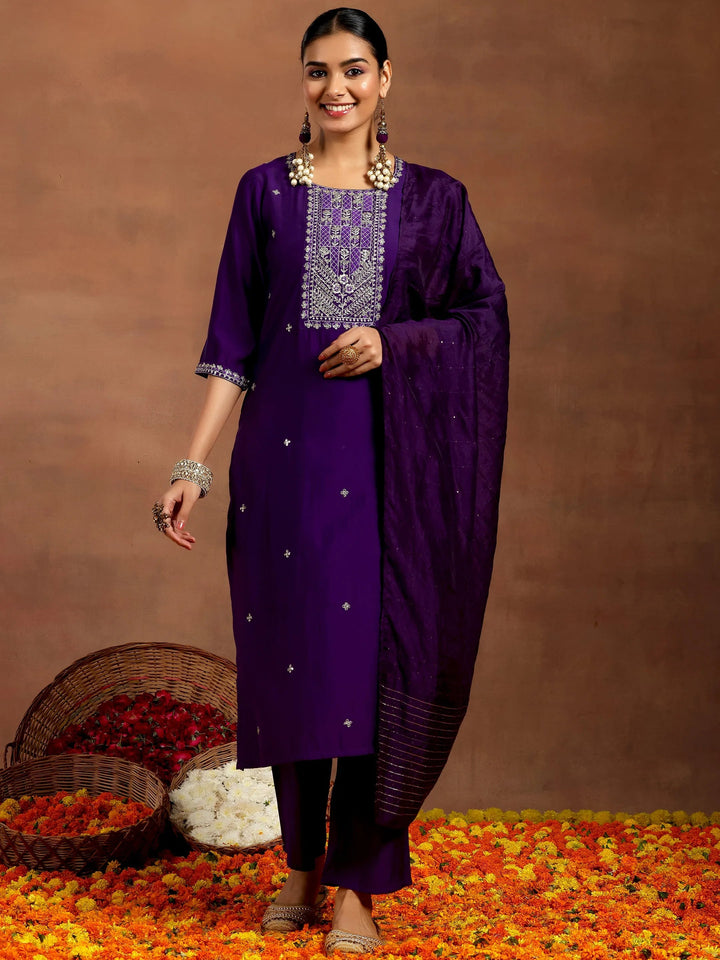 Gerua Purple Embroidered Silk Blend Straight Suit With Dupatta