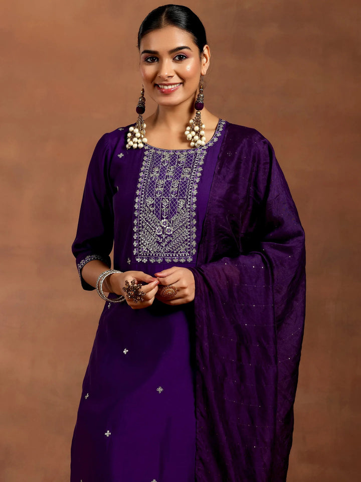 Gerua Purple Embroidered Silk Blend Straight Suit With Dupatta