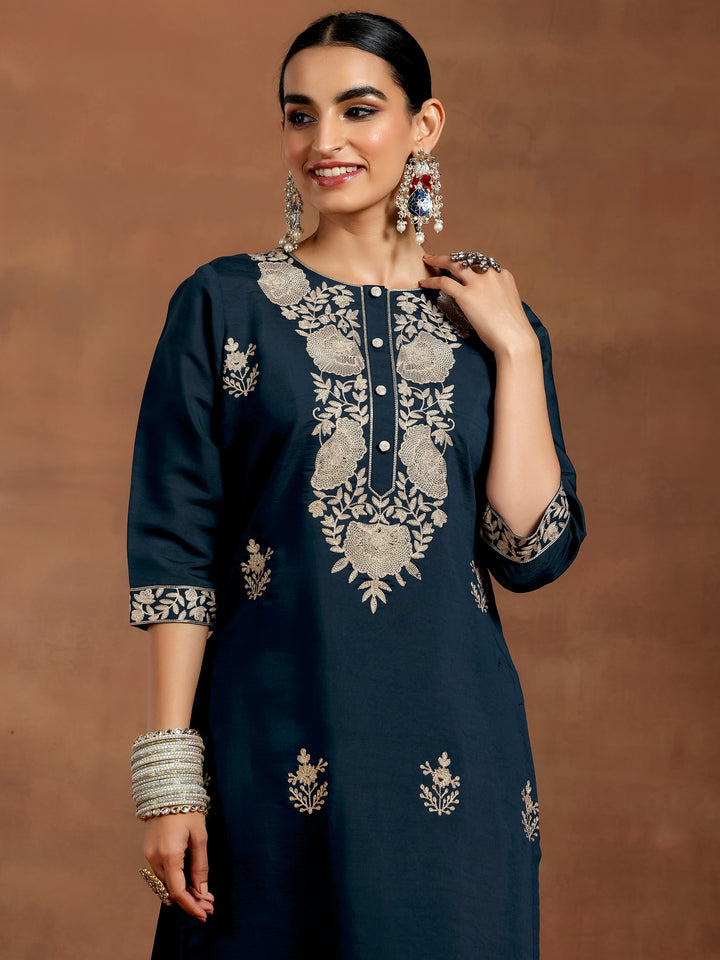 Blue Yoke Design Silk Blend Straight Suit With Dupatta